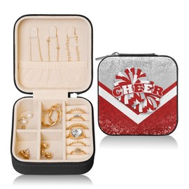 Cheerleader Gifts for Girls, Cheerleader Travel Jewelry Case, Cheer Travel Jewelry Box for Women, Mini Jewelry Travel Case for Cheer Team (Silver&Red)
