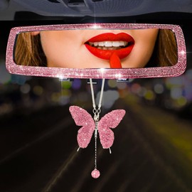 Forala 3 Packs Bling Car Rear View Mirror with Crystal Butterfly Accessories for Women - Universal Clip-on Wide Angle Rear View Mirror (Pink)
