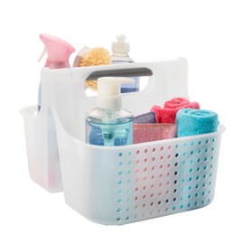 Madesmart 2-Compartment Soft Grip Shower Tote for Bathroom Organization, Plastic Storage Shower Caddy Bucket, Large, Frost