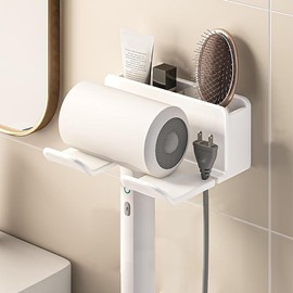 Haartrockner Halterung mit Kabelhalter, Haartrocknerhalter zur Wandmontage, Badezimmer Organizer-Aufbewahrung, Wand Ohne Bohren Föhn Halterung, für Baderzimmer Schlafzimmer Barbershop (Weiß)
