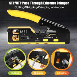 RJ45 Crimp Tool Pass Through Ethernet Crimping Tool for Cat5 Cat6 Cat7 End Pass Through Connector, Support Cutting, Stripping, Cutting, Compatible with RJ45, RJ11, and RJ12