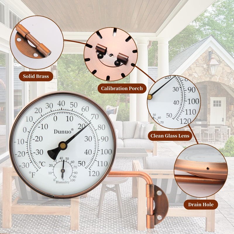 Dunuo 4" Brass Outdoor Thermometer, Indoor Thermometer for Room –