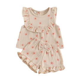 Beauace Baby Girl Muslin Clothing Set Short Sleeve Top + Shorts Ruffle Baby Sets Bow and Floral Pattern Clothing Sets for Newborn Babies, khaki, Ages 2 - 3