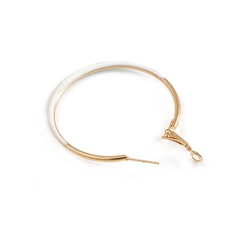 50mm Diameter/Gold Tone with White Enamel Hoop Earrings/Large Size