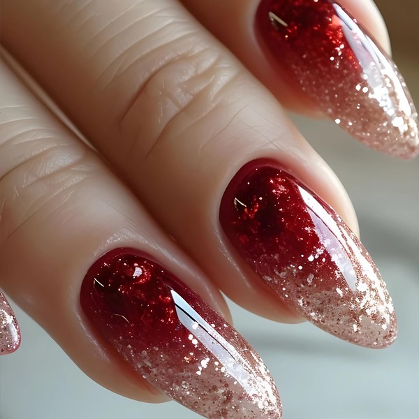 MERVF Almond Press on Nails Medium Fake Nails Red Ombre