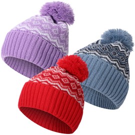 Silicherry 3 Pcs 6 Pcs Winter Pom Beanie Hats for Men Women Christmas Knit Beanie Hats Warm Nordic Pattern Hat Skull Cap (Light Color)