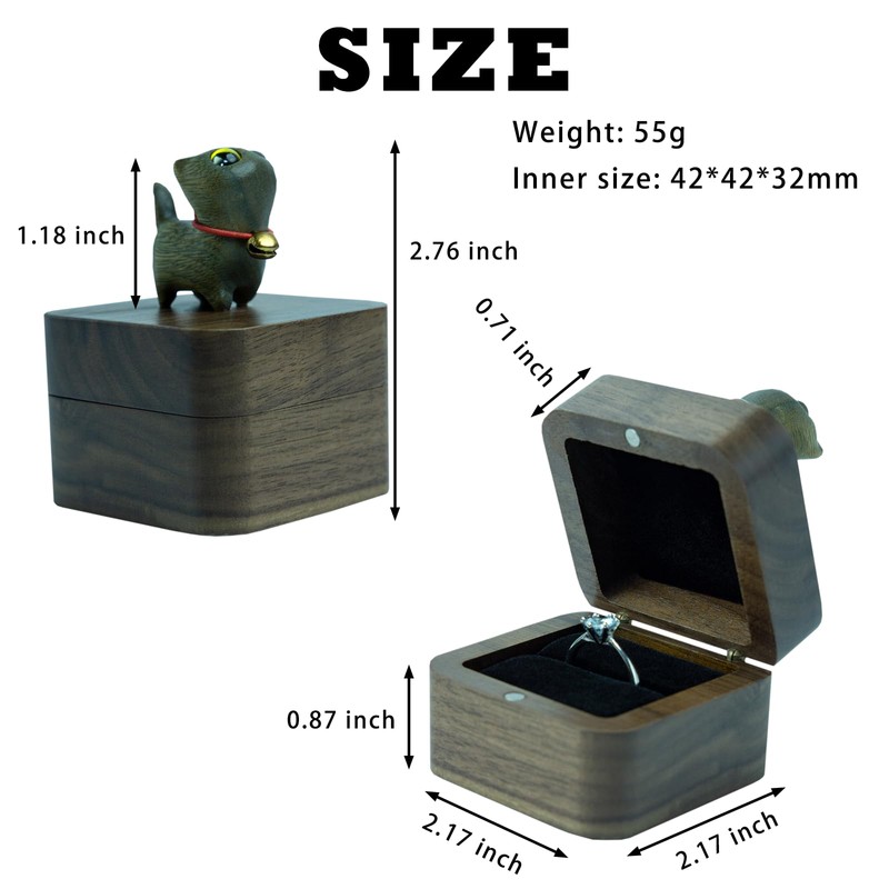 Tentogala Hand-Carved Cat Wooden Ring Box - Magnetic Closure Wedding