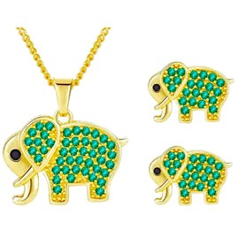 Girls Cute Elephant Jewellery Necklace & Earrings Set, 18k Gold Plated, Green CZ Crystals, 45cm Chain, Included Gift Jewellery Pouch
