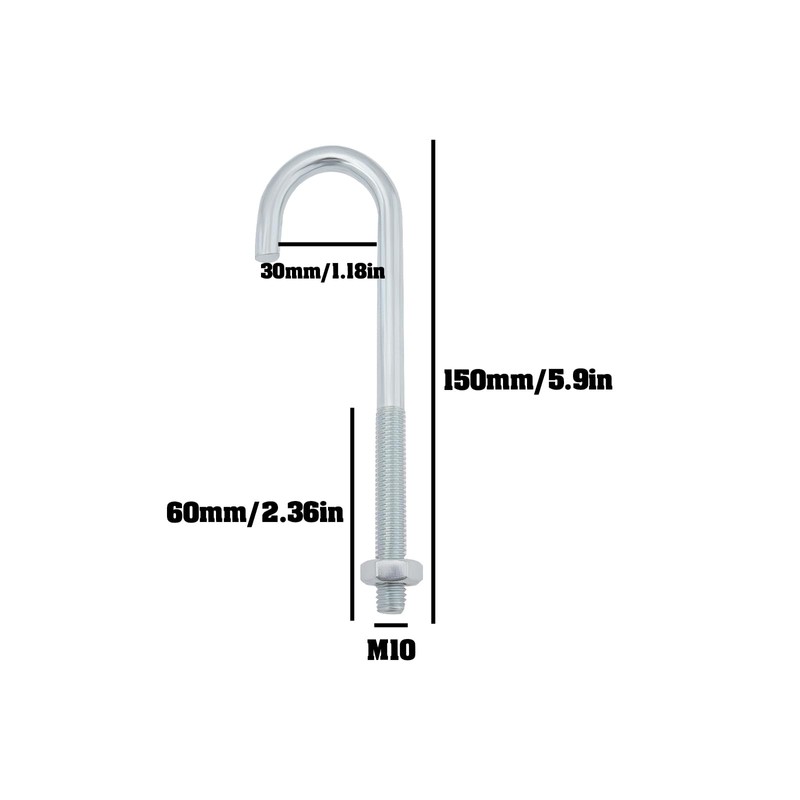 Briny River M10 Hook Bolt J Long Shank Threaded Bolt