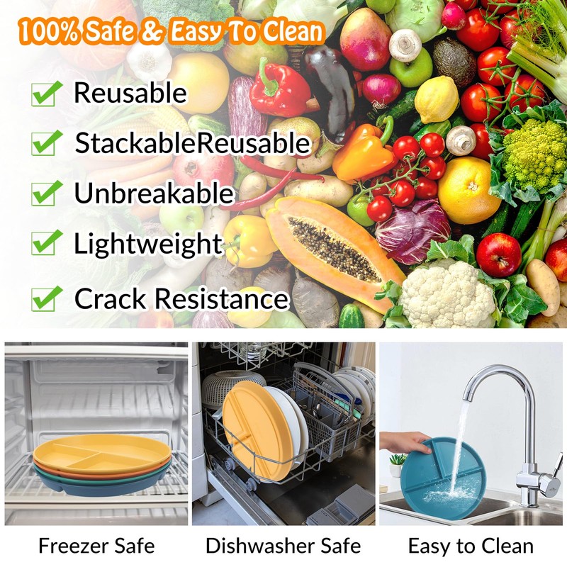 GOTRUST 4PCS Portion Control Plates, Unbreakable Divided Dinner Plates Set,