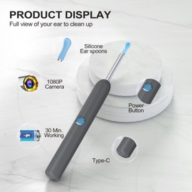 Ntgiso Ear Wax Removal, Ear Cleaner with Camera with 1080P, Ear Wax Removal Tool with 6 LED Light, Ear Wax Removal Kit with 8 Ear Pick, Ear Camera for iPhone, iPad, Android Phones (Gray)