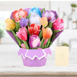 Hierein Mum Birthday Card, 3D Tulips Flower Bouquet Pop Up Birthday Card with Notecard Envelope, Gifts for Mom, Get Well Soon, Retirement Cards, Thank You Card, Mother’s Day Card, Valentines Day Card