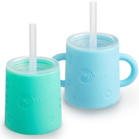 PopYum - Taza de entrenamiento de silicona con tapa de popote, paquete de 2 para bebé, bebé y niño, vaso, sorbo, asas, 5 onzas (azul, verde)