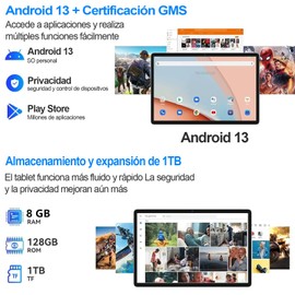 BAKEWAY Tableta Android 13 8000mAh, 10.1 Pulgadas Tableta con 2560 * 1600 Full HD IPS Pantalla Táctil, 10GB RAM 128GB ROM, Doble Cámara, WiFi/WLAN/Bluetooth/GPS, 3/4/5G Dual SIM