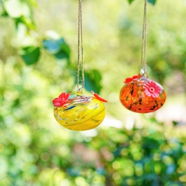 Set 2 Hummingbird Feeders for Outdoors Haning Small Blown Glass Humming Bird Feeder for Window Humming Bird Feeders with 2 Flower Feeding Ports