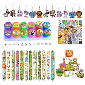 Yhjxly 76-Piece Animal Party Bag Set, Jungle Safari Party Accessories, Children's Birthday, Includes Key Chain Bracelets Stamp Seal Stickers, for Children's Birthday Boys, Jungle Party