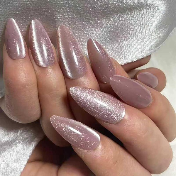 24Pcs Purple Press on Nails Medium Almond Length Glitter Fake