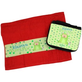 Eurofoto Handtuch + Kulturbeutel Set mit Namen Eren und Mit kleinem grünen Monster für Jungen | Handtuch und Kulturbeutel Bedruckt |