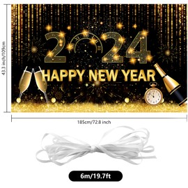 2024 Large Happy New Year Banner Decoration with String, 180 x 110 cm New Year Indoor Photo Background Decoration, New Year's Eve Party Supplies
