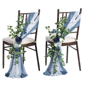 Ling's Moment 8pcs Wedding Chair Decorations Aisle Pew Church Artificial Flowers Greenery Swags Dusty Blue & Navy Bench Ceremony Reception Floral Faux Backdrop Rose Arrangements Party Outdoor
