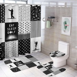 4PCS/Set Modern Golfer Golf Ball Patchwork Black Shower Curtain 72W X 72L, Abstract Stripe Pattern Printed Bathroom Decor, Shaped Mat Toilet Lid Cover and Non-Slip Rugs with 12 Hooks