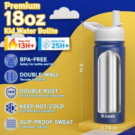 baab 18oz kids Water Bottle, Insulated Water Bottle with Straw & Stickers, 18/8 Stainless Steel Vacuum Leakproof kids Water Straw Cup for School, Gift for Boy Girl (Deep Blue+Light Blue, 2 Pack)