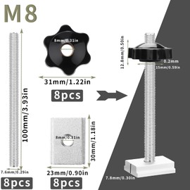 SWTYExt Pack of 24 T Rail Sliding Nuts M8 with Stainless Steel T Screw M8 x 100 mm Star Grip Screw M8 Plastic Handle Clamping Knob Slot Nuts T Nut Kit for Woodworking Engineering Furniture