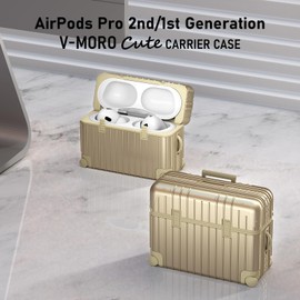 VISOOM Compatible With Airpods Pro 2 Case Cover, Funny Suitcase Design Case for Airpods Pro 2nd/1st Generation (2022/2019), Cute Fashion Protective Hard Case for Women Men with Keychain(Gold)