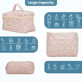 egnek 3 Piece Quilted Makeup Bag with Cute Ditsy Floral for Travel, Toiletry Pouch, and Cute Cosmetic Bags, Compact Design and Stylish