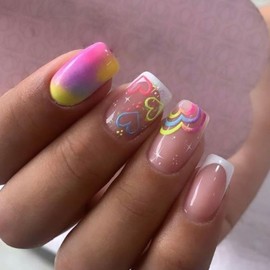 White French Tip Press on Nails Valentine's Day Short Square Fake Nails Gradient Love Circle Glue on Nails Colorful Heart False Nails with Glossy Designs Stick on False Nails for Women 24Pcs