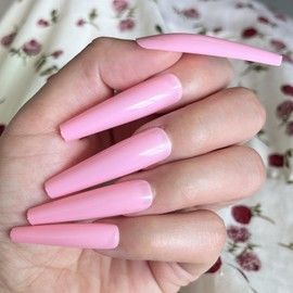 AddFavor 120pcs Press on Nails Long Coffin Fake Nails, Full Cover Extra Long Press on Nails Pink Glossy XL Ballerina Pressos Nails Acrylic Artificial False Nail Tips 12 Sizes for Women