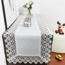BrekSdat Lace Table Runner for Rectangle Dining Table White 16 x 70 Inches Dandelion Lace Fabric Washable for Wedding Party Kitchen Banquet Outdoor