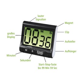 Xavax Digitaler Küchentimer mit Timer- und Stopp-Uhr-Funktion (Befestigung via Magnet, Clip, Hänger oder Aufsteller) batteriebetrieben, schwarz