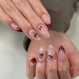 24PCS Elegant Nude Pink French Tip Press on Nails with Cherry & Pearl Design, Medium Almond Shape Full Cover Fake Nails, Includes Accessory Tools, Ideal for Women Girls