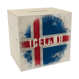 Wooden money box with Iceland flag in used look, piggy bank for holidaymakers, a beautiful money box decorated with the Icelandic national flag to travel to Iceland