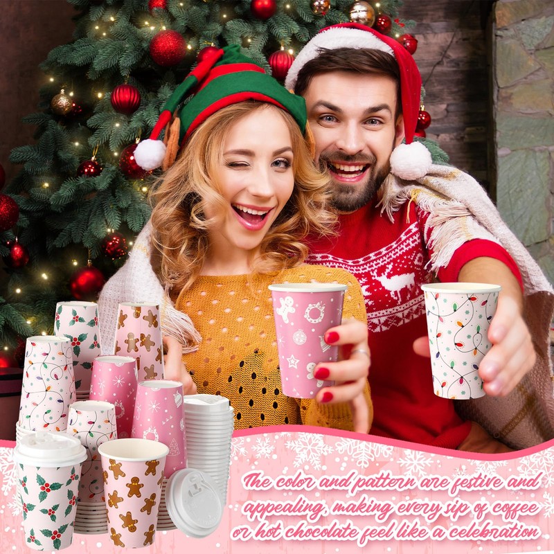 60 Pack Pink Christmas Disposable Coffee Cups with Lids 12