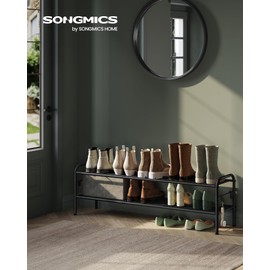 SONGMICS Shoe Rack, 2-Tier Shoe Organizer, Metal Shoe Shelf Storage with 4 Side Hooks, Holds 12 Pairs of Shoes, Height-Adjustable Shoe Rack for Entryway, Hallway, Closet, Easy Assembly, Ink Black