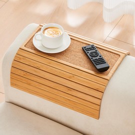 GEHE Bamboo Couch Arm Tray Table, Wide Sofa Arm Tray Armrest Table, Foldable/Flexible Sofa Organizer/Protector Perfect for Foods, Drinks, Snacks, Cup Holder, Remote Control or Phone, Anti-Slip Bottom