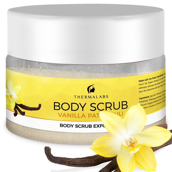 Salt & Oil Based Body Scrub Exfoliator Vanilla Patchouli: Get a Soft Skin With a Divine Scent! Organic & Natural Deep Cleanse, Use Before Self Tanning, Treat Acne, Wrinkles, Ingrown Hair, Blackheads