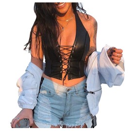 FlyCC Women's Adjustable Spaghetti Straps PU Leather Bustier Crop Tube Top