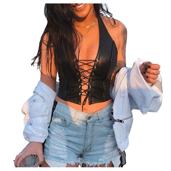 FlyCC Women's Adjustable Spaghetti Straps PU Leather Bustier Crop Tube