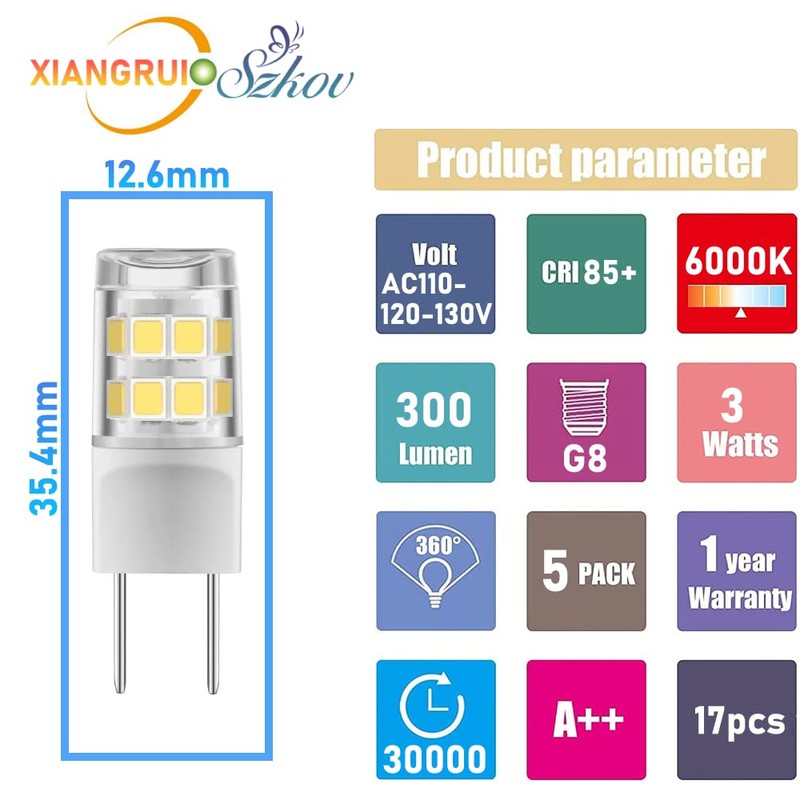 5-Pack G8 LED Bulb 3W GY8.6 Bi-Pin Base T4 JCD