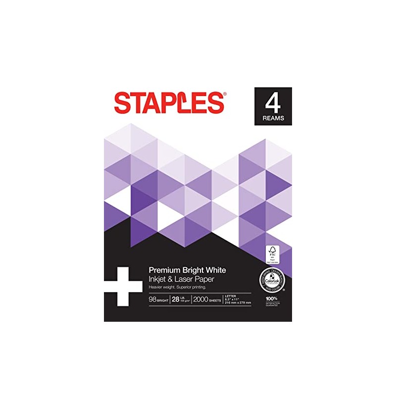 Staples Inkjet & Laser Paper, 8 1/2" x 11", Bright