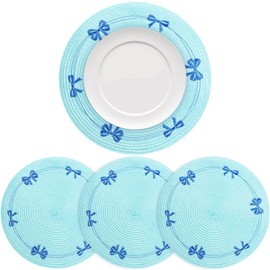 Round Placemats Set of 4 Coquette Blue Cute Bow Embroidered Natural Woven Heat Resistant Place Mats Decorations for Table Kitchen Dinner Home Birthday Wedding Baby Shower Party (Blue)