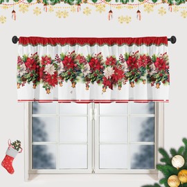 SUNWISHA Christmas Poinsettia Curtains Valance for Kitchen Window 52 x 18 Inch Window Decor Red