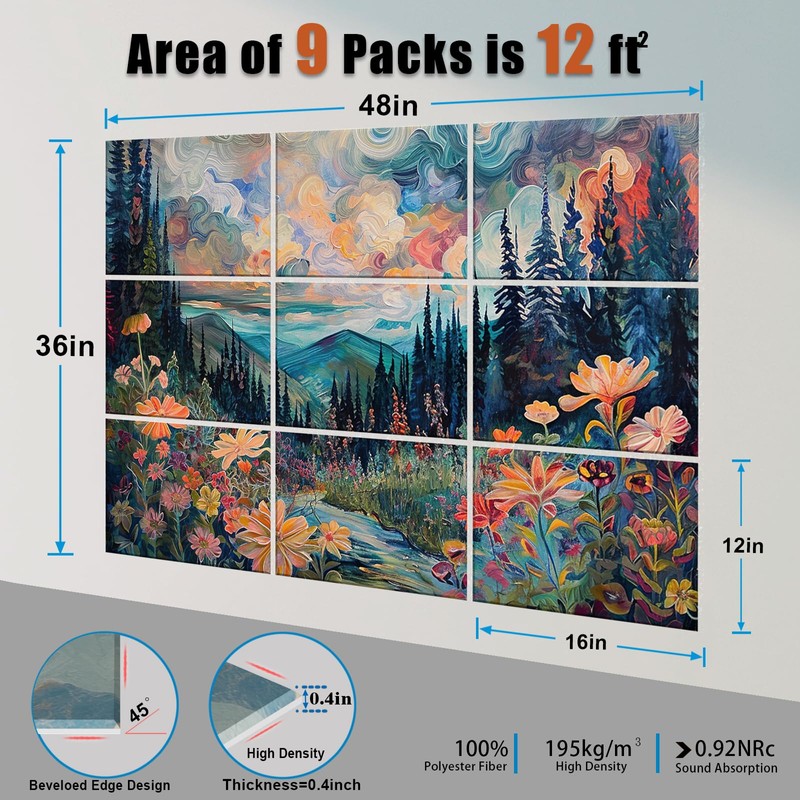 ENSEPST 9 Pack Art Acoustic Panels with Self-adhesive,48" X 36"Sound