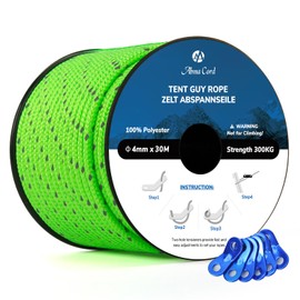 Abma Cord Guy Ropes Tent Cord 4 mm 30 m Tent Rope Cord with 6 Pieces Aluminium Tensioner Maximum 300 kg Reflective Neon Green