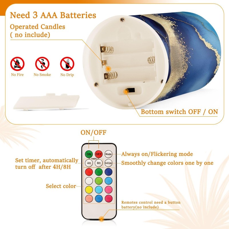 YETTASBIN Blue Marble Flameless Candles with Remote Control and Timer,
