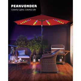 PEAKVONDER 9 ft Outdoor Patio Umbrella with Solar Lights - Large Heavy Duty Beach/Table/Pool/Deck/Market Umbrella, Dual Charging, Tilt, APP & Button Control, UV/Fade-Resistant, Red HPU092R