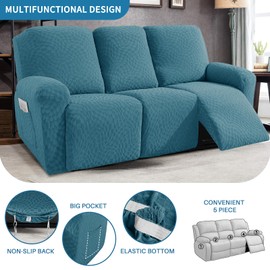 2026 Sofa Recliner Cover 5-Piece (69"-91") Super Soft Recliner Couch Covers with Big Pocket & Anti Slip Ties Stay in Place, Stretch Lazy Boy Reclining Couch Sofa Slipcover Durable Washable, Teal
